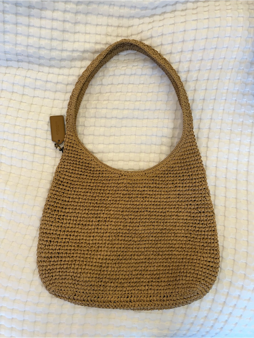 NWOT Coach Brooklyn Shoulder Bag 28 Tan Crochet with Embossed Logo Straw Natural - Picture 3 of 6